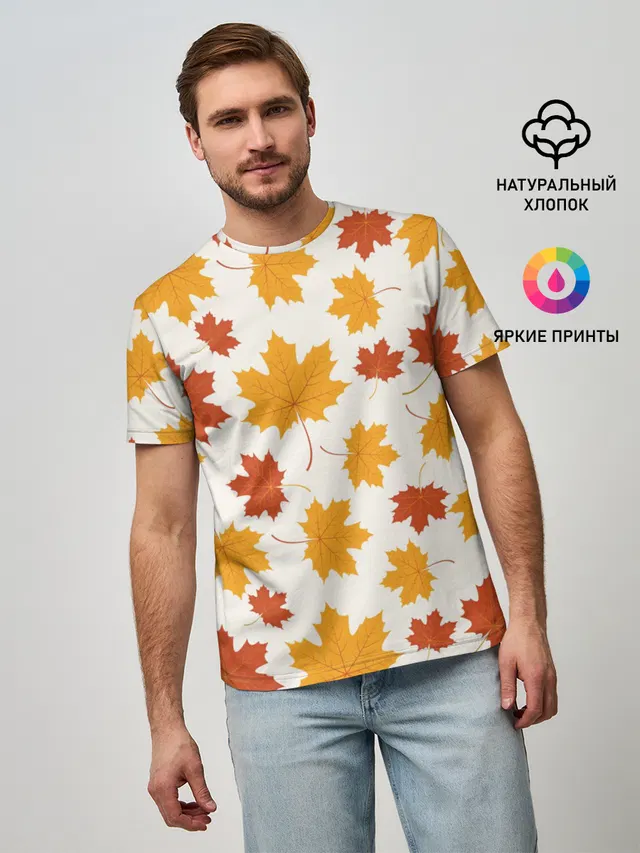 Мужская базовая футболка с принтом «Листья — Осень — Autumn»