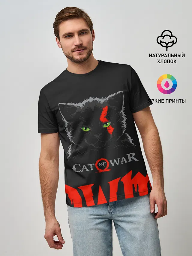 Мужская базовая футболка с принтом «Cat of war»