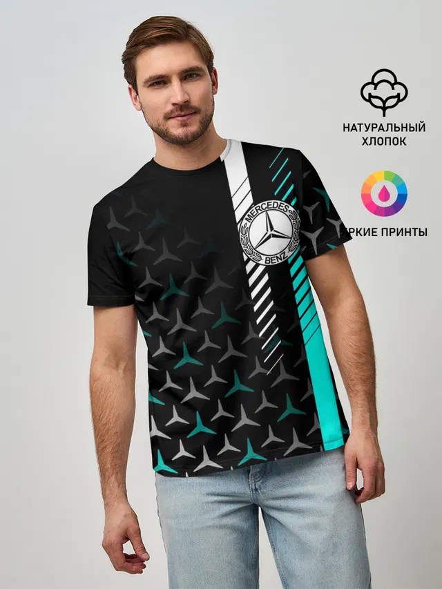 Мужская базовая футболка с принтом «Merсedes — МЕРСЕДЕС — AQUA BLACK GRADIENT»