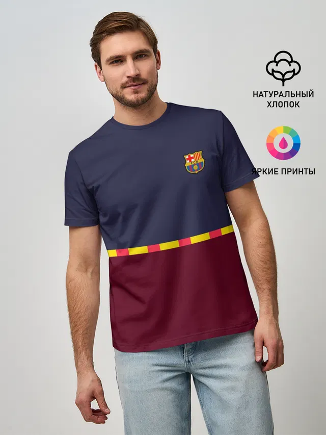 Мужская базовая футболка с принтом «Барселона — FC Barcelona — Flag and team Logo»