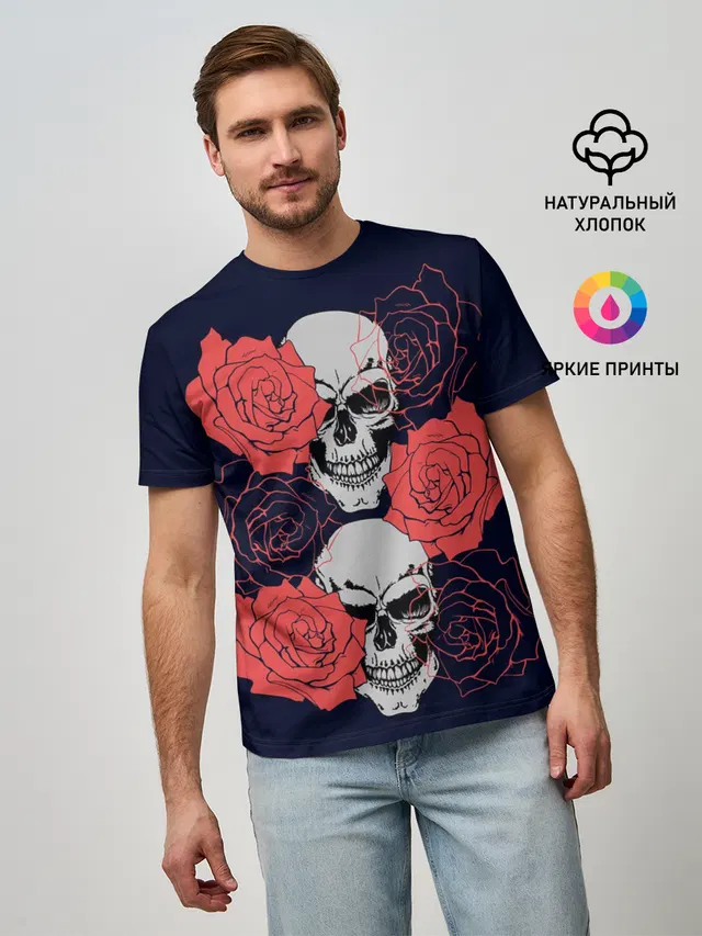 Мужская базовая футболка с принтом «Черепа — Rose Skull»