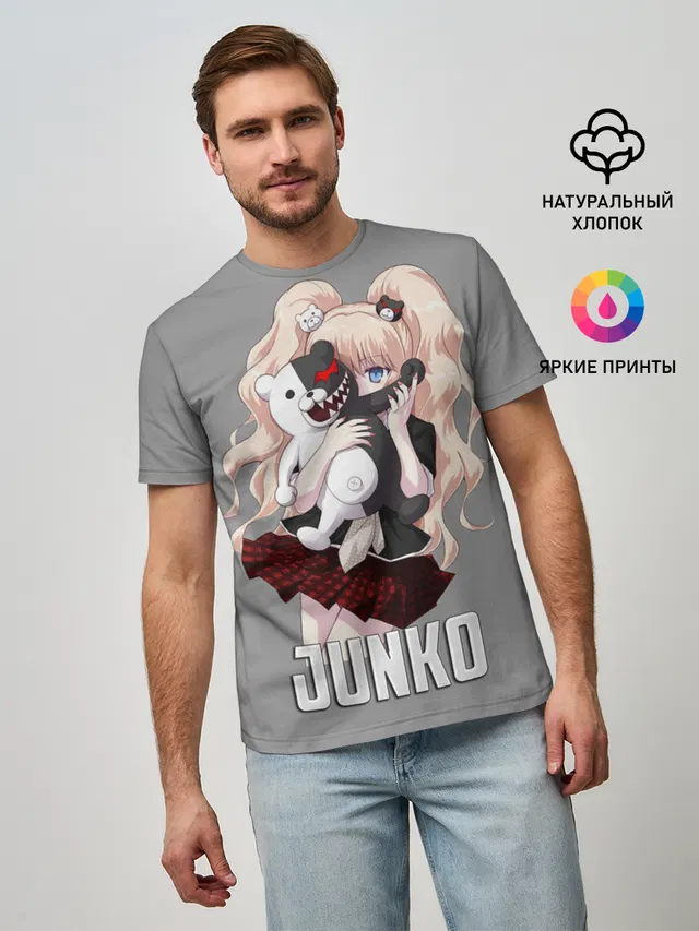 Мужская базовая футболка с принтом «Danganronpa — MONOKUMA — JUNKO»