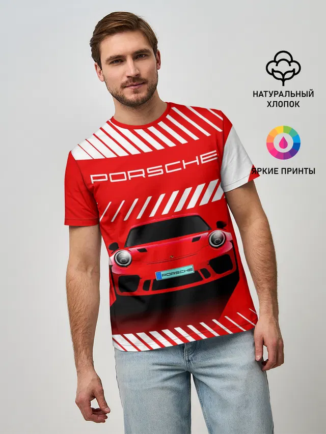 Мужская базовая футболка с принтом «Porsche Порше RED Style — ПОРШЕ — RED STYLE»