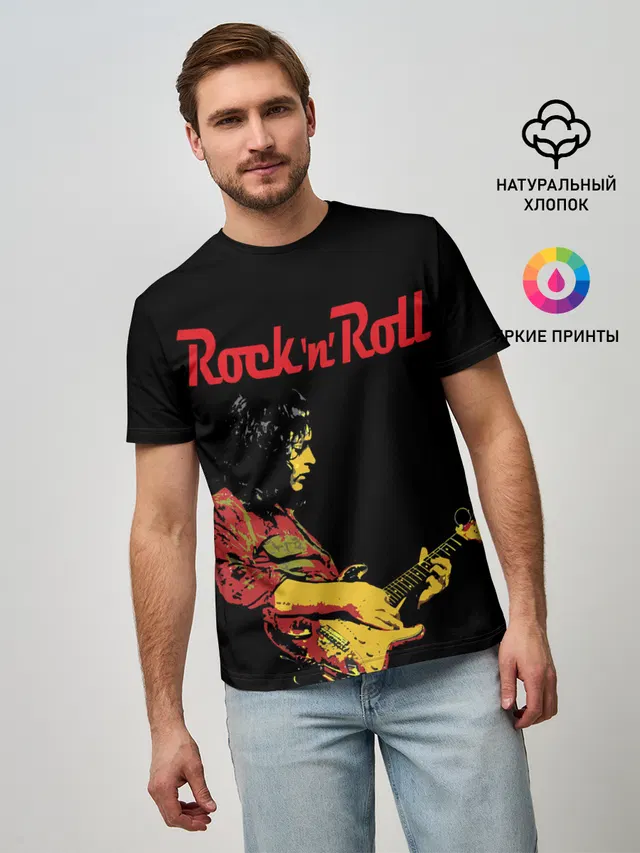 Мужская базовая футболка с принтом «Guitarist — ROCK N ROLL»