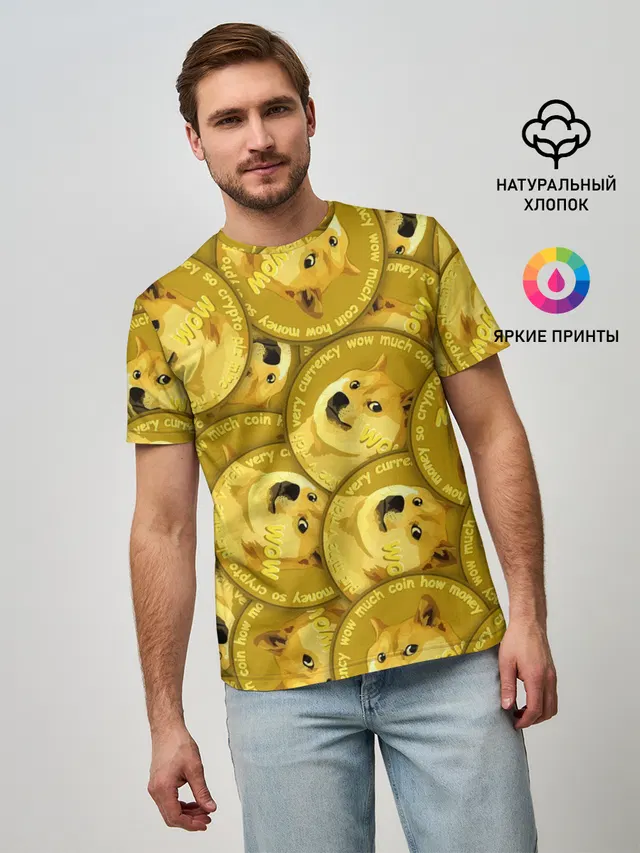 Мужская базовая футболка с принтом «Shiba Inu — DOGECOIN — DOGE — ДОГИКОИН»