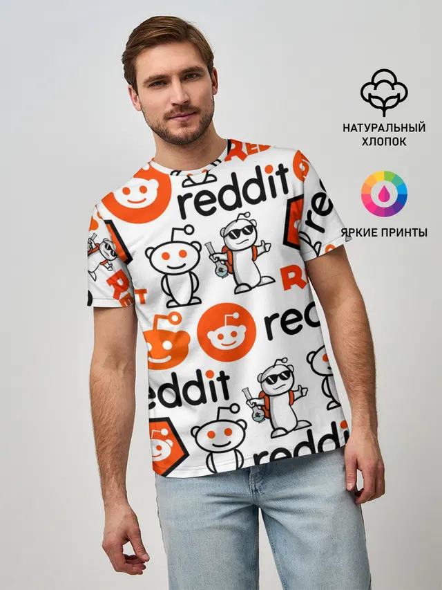 Мужская базовая футболка с принтом «Социальные сети — REDDIT — РЕДДИТ — ЛОГОБОМБИНГ»