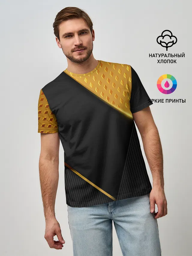 Мужская базовая футболка с принтом «Модные — 3D BLACK & GOLD»