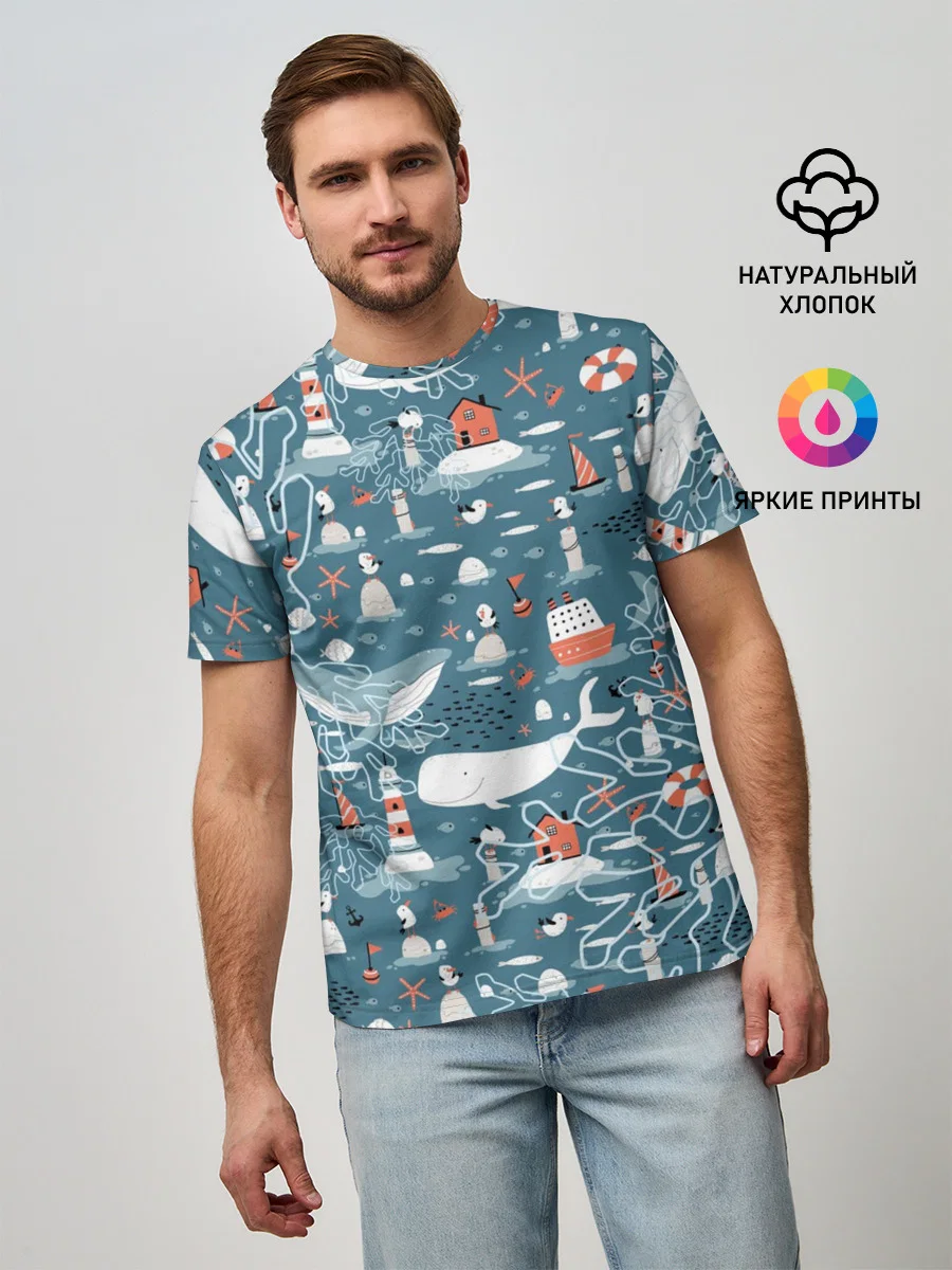 хлопковая футболка «Море и его жители» — купить — принт крупно