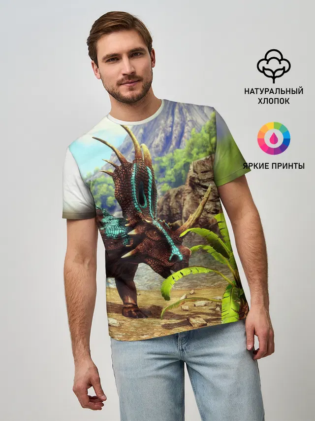 Мужская базовая футболка с принтом «Styracosaurus — Ark Survival — АРК СУРВИВАЛ»