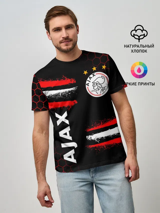 Мужская базовая футболка с принтом «Amsterdam — FC AJAX AMSTERDAM — ФК АЯКС»