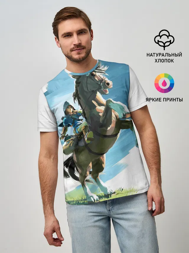 Мужская базовая футболка с принтом «The Legend of Zelda — Линк на коне»