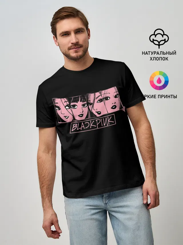 Мужская базовая футболка с принтом «Black Pink Art»