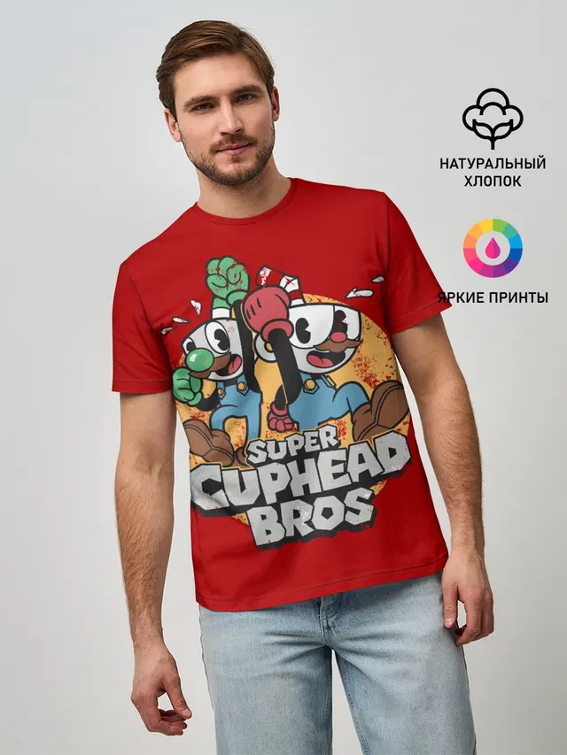 Мужская базовая футболка с принтом «Super Cuphead Bros»