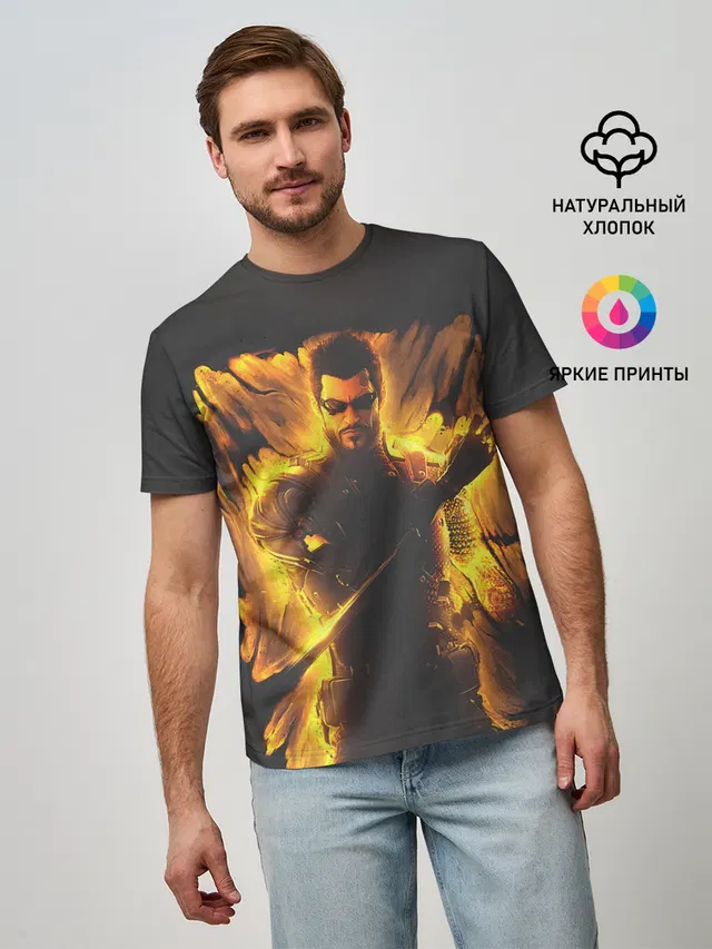 Мужская базовая футболка с принтом «Deus Ex — Jensen in fire»