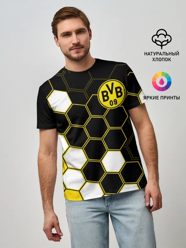 Мужская базовая футболка с принтом «Hexagon pattern — ФК БОРУССИЯ — FC BORUSSIA»