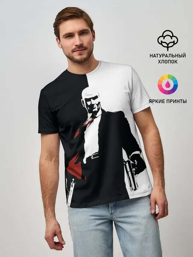 Мужская базовая футболка с принтом «Hitman BW»