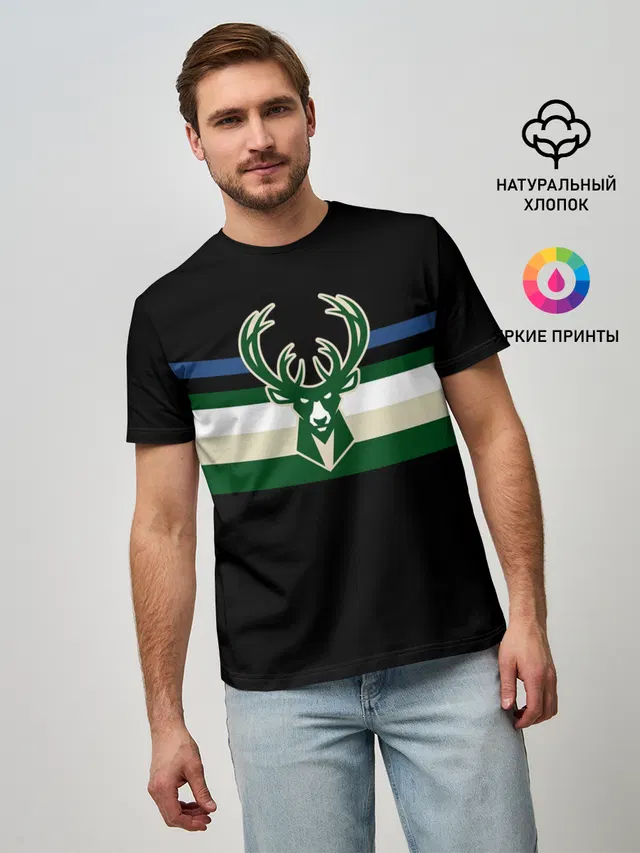 Мужская базовая футболка с принтом «НБА — Milwaukee Bucks форма. Statement Edition»