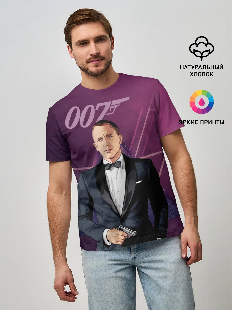 Мужская хлопковая футболка «Агент 007 Джеймс Бонд» — принт крупно