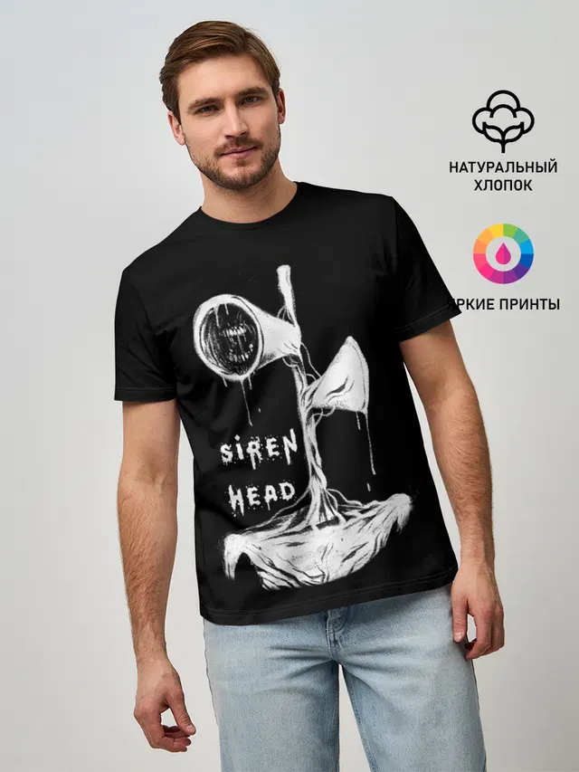 Мужская базовая футболка с принтом «Сиреноголовый ЧБ Siren Head»