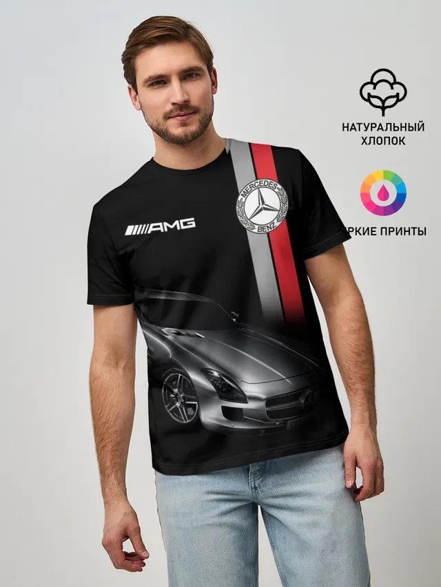 Мужская базовая футболка с принтом «AMG logo — MERCEDES BENZ AMG»