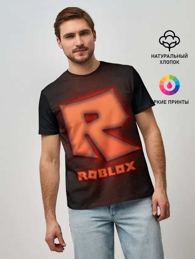 Мужская базовая футболка с принтом «Роблокс — ROBLOX NEON RED»