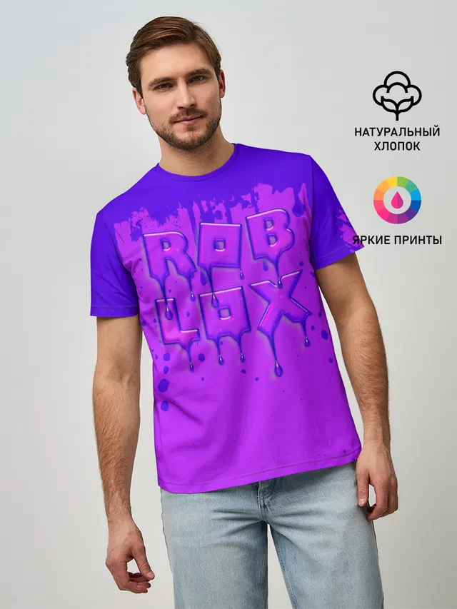Мужская базовая футболка с принтом «Роблокс — ROBLOX ФИОЛЕТОВЫЕ ПОДТЕКИ»