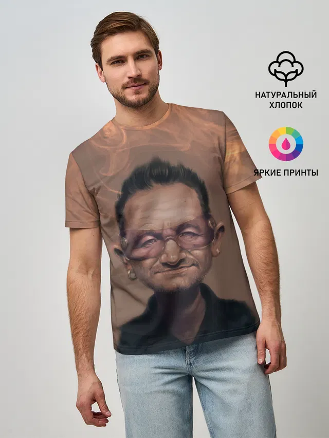 Мужская базовая футболка с принтом «Боно U2 Ю ТУ»