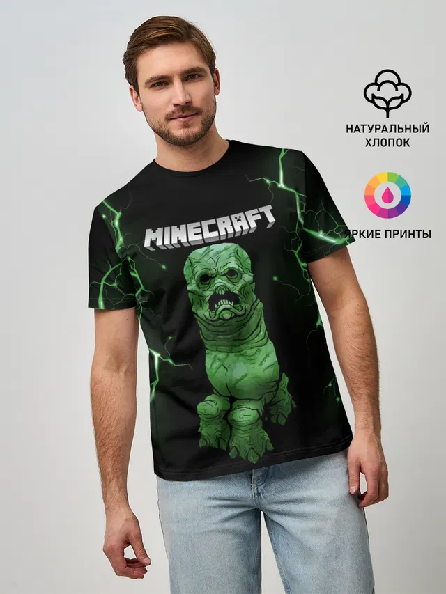 Мужская базовая футболка с принтом «Майнкрафт — CREEPER 3D — MINECRAFT 3D»