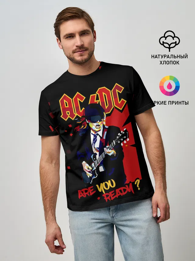 Мужская базовая футболка с принтом «Angus Young — ARE YOU REDY? AC/DC»