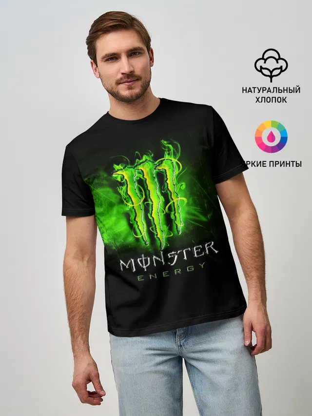 Мужская базовая футболка с принтом «Разные тренды — MONSTER ENERGY NEON — НЕОН»