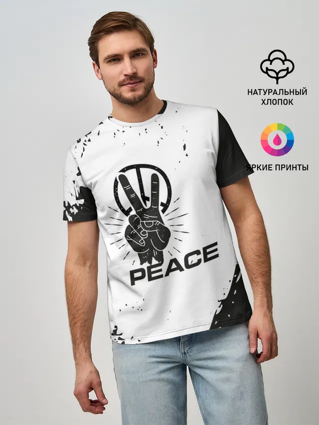 Мужская базовая футболка с принтом «Хиппи — Peace — Мир»