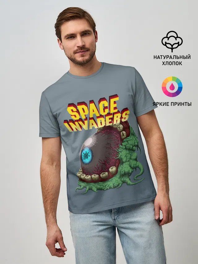 Мужская базовая футболка с принтом «Retro gaming — Boss — Space Invaders — Old game»