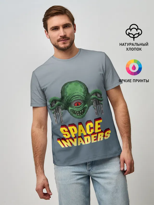 Мужская базовая футболка с принтом «Space Invaders — Old game»