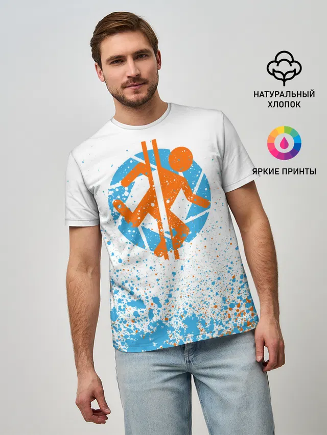 Мужская базовая футболка с принтом «Splatter effect — PORTAL 2»