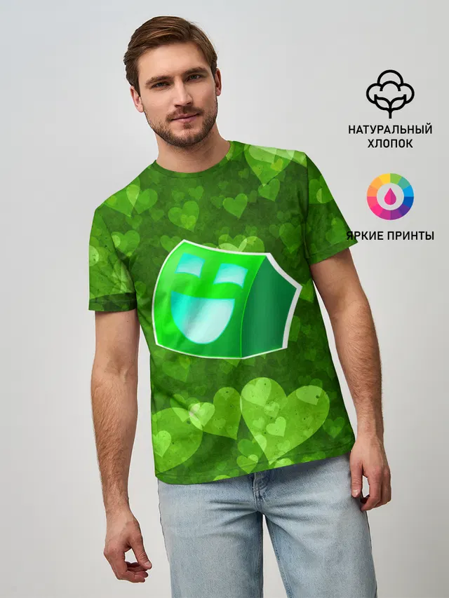 Мужская базовая футболка с принтом «Geometry Dash Green Love — Green Love»