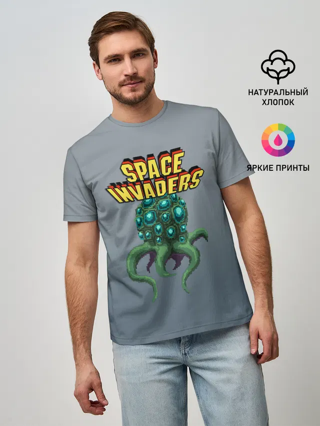 Мужская базовая футболка с принтом «Space Invaders — Old game»