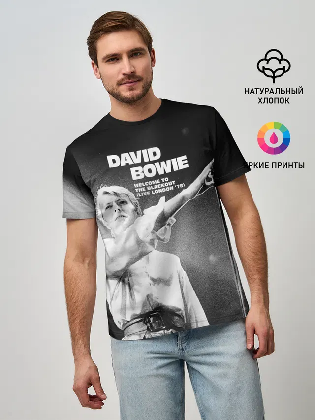 Мужская базовая футболка с принтом «David Bowie — Welcome to the Blackout - David Bowie»