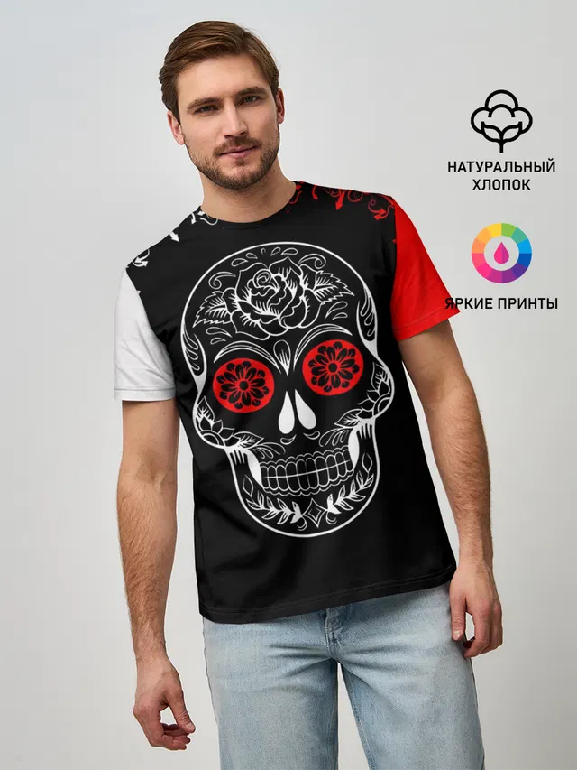 Мужская базовая футболка с принтом «Черепа — Red White Skull - Череп»