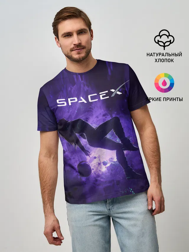Мужская базовая футболка с принтом «Астрономия, космос — Space X Girl in zero gravity»