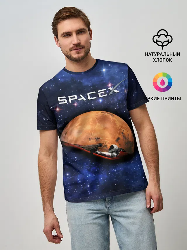 Мужская базовая футболка с принтом «Астрономия, космос — Space X»