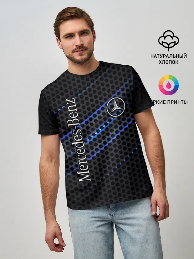 Мужская базовая футболка с принтом «Mercedes Logo Neon»