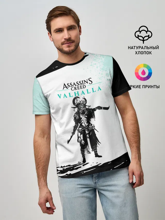 Мужская базовая футболка с принтом «Viking warrior — АССАСИН КРИД — ASSASSINS CREED VALHALLA»