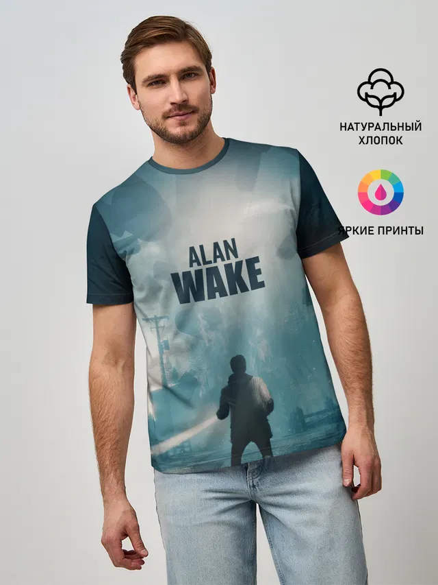 Мужская базовая футболка с принтом «Alan Wake — Алан Уэйк арт»