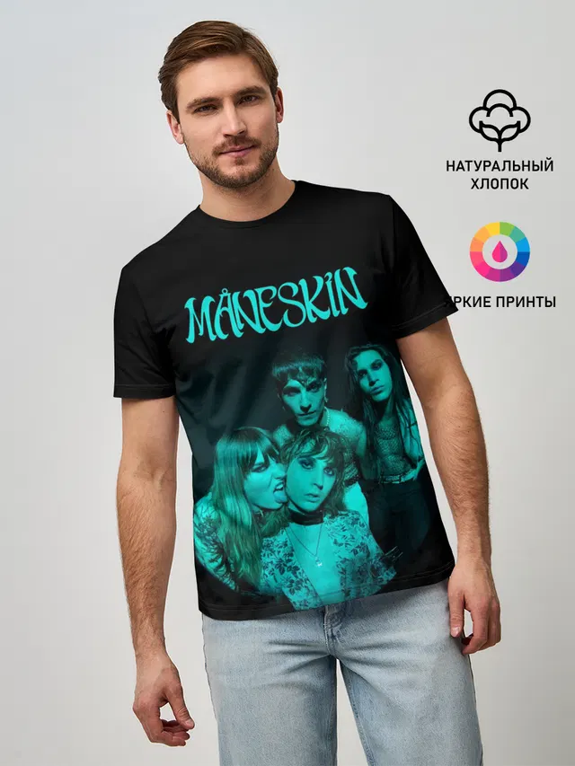 Мужская базовая футболка с принтом «Maneskin — Maneskin. Fisheye Faces»