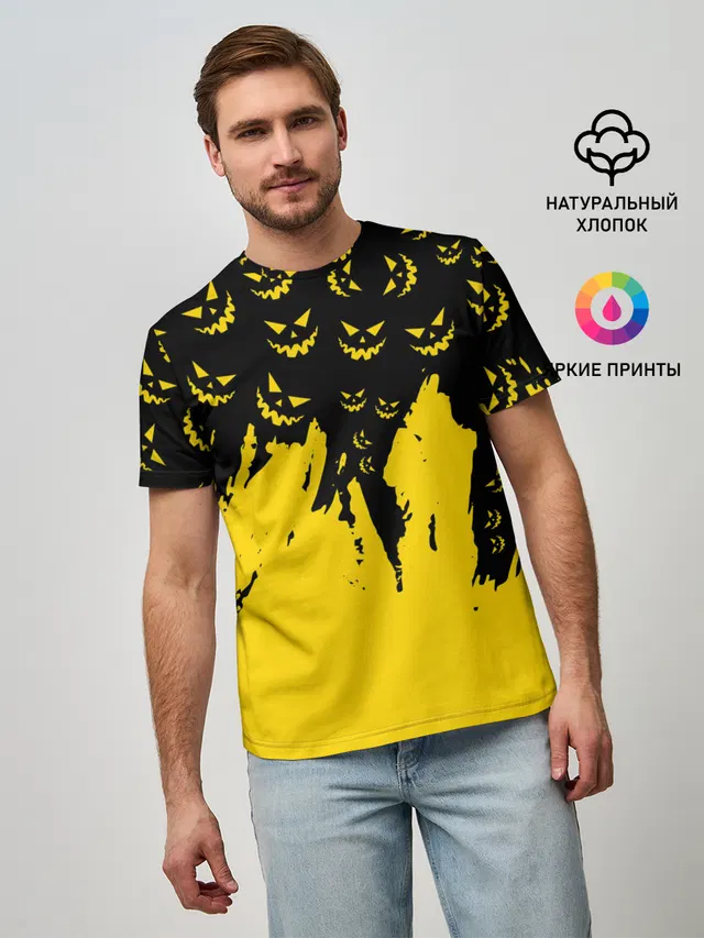 Мужская базовая футболка с принтом «Хэллоуин — HALLOWEEN SMILE — SMILE PUMPKIN»