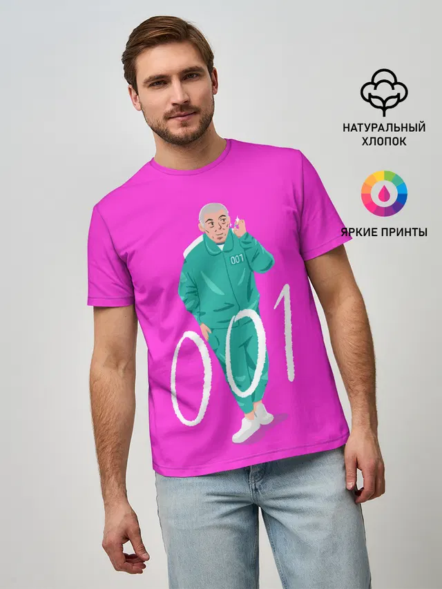 Мужская базовая футболка с принтом «Игра в кальмара — Player 001»