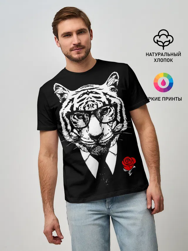 Тигр с красной розой
