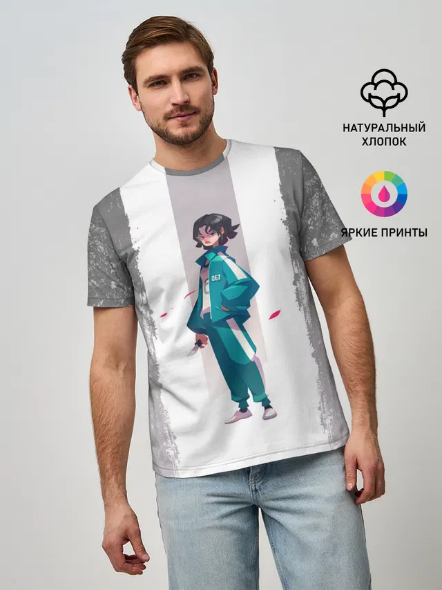 Мужская базовая футболка с принтом «Игра в кальмара — 067 — Кан Сэ Бёк»