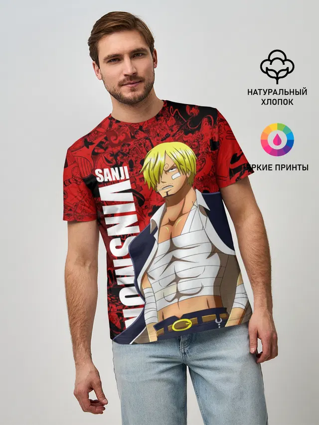 Мужская базовая футболка с принтом «Ван Пис — Санджи Винсмок, One Piece»