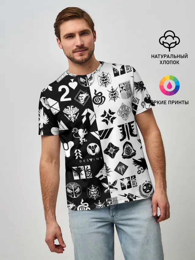 Мужская базовая футболка с принтом «Destiny Logobombing Чёрно — DESTINY LOGOBOMBING ЧЁРНО БЕЛОЕ»
